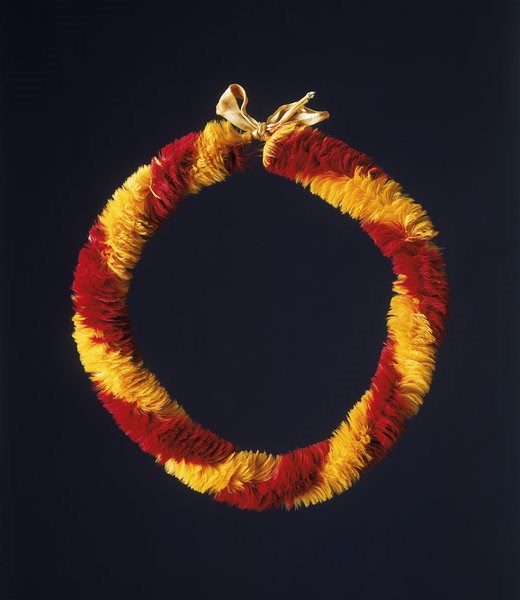 A Fine Feather Lei Hulu of Hawaii composed of red and yellow bird feathers in the 'Pani ' O' style